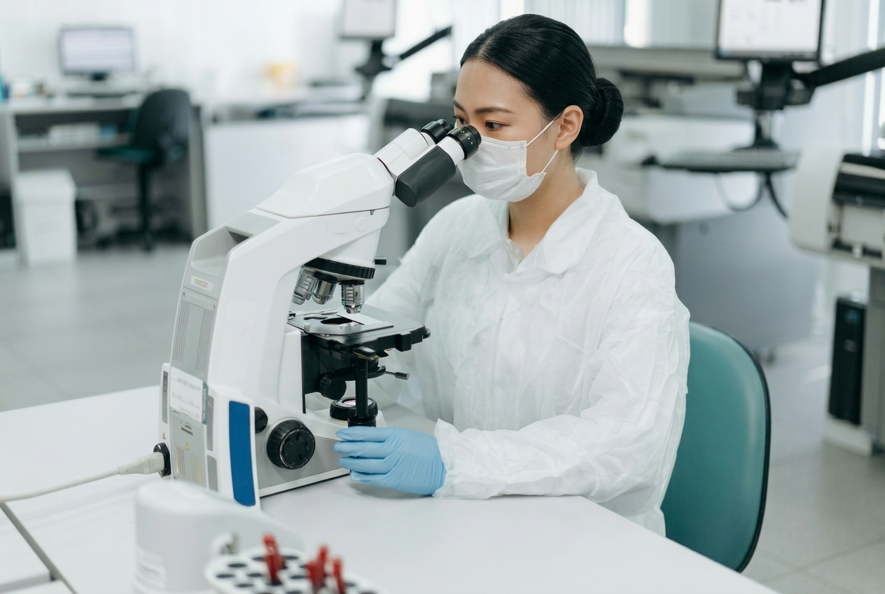 OneCare medical technologist examining samples under a microscope